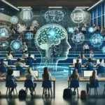 "Illustration of a diverse group of students engaged in interactive learning with AI technology, representing the transformation of education through artificial intelligence in the classroom."